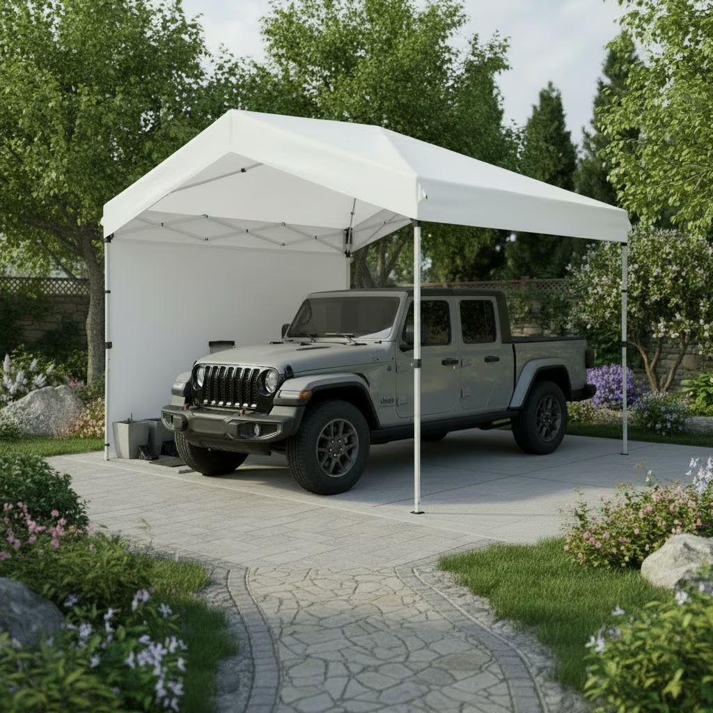 Hoteel 10x10 Carport Canopy Tent with 1 Sidewall, 3 Adjustable Height Portable Garage, Instant Outdoor Carports with 8 Stakes, 4 Sandbags & Ropes for Motorcycle, Garden Tool, Commercial