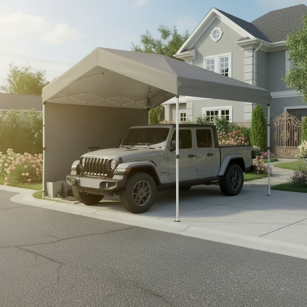 Hoteel 10x10 Carport Canopy Tent with 1 Sidewall, 3 Adjustable Height Portable Garage, Instant Outdoor Carports with 8 Stakes, 4 Sandbags & Ropes for Motorcycle, Garden Tool, Commercial