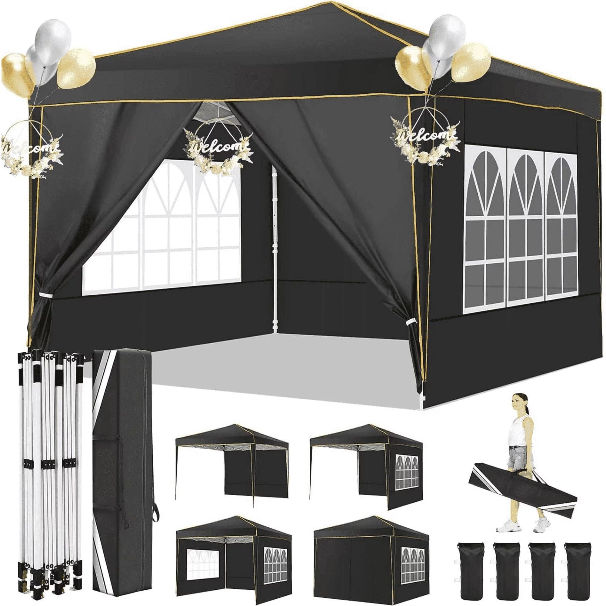 HOTEEL 10x10 Pop up Canopy with Sidewalls,Waterproof Tent for Parties Wedding Event,Instant Outdoor Gazebos with Carry Bag,Stakes,Ropes & Sandbags