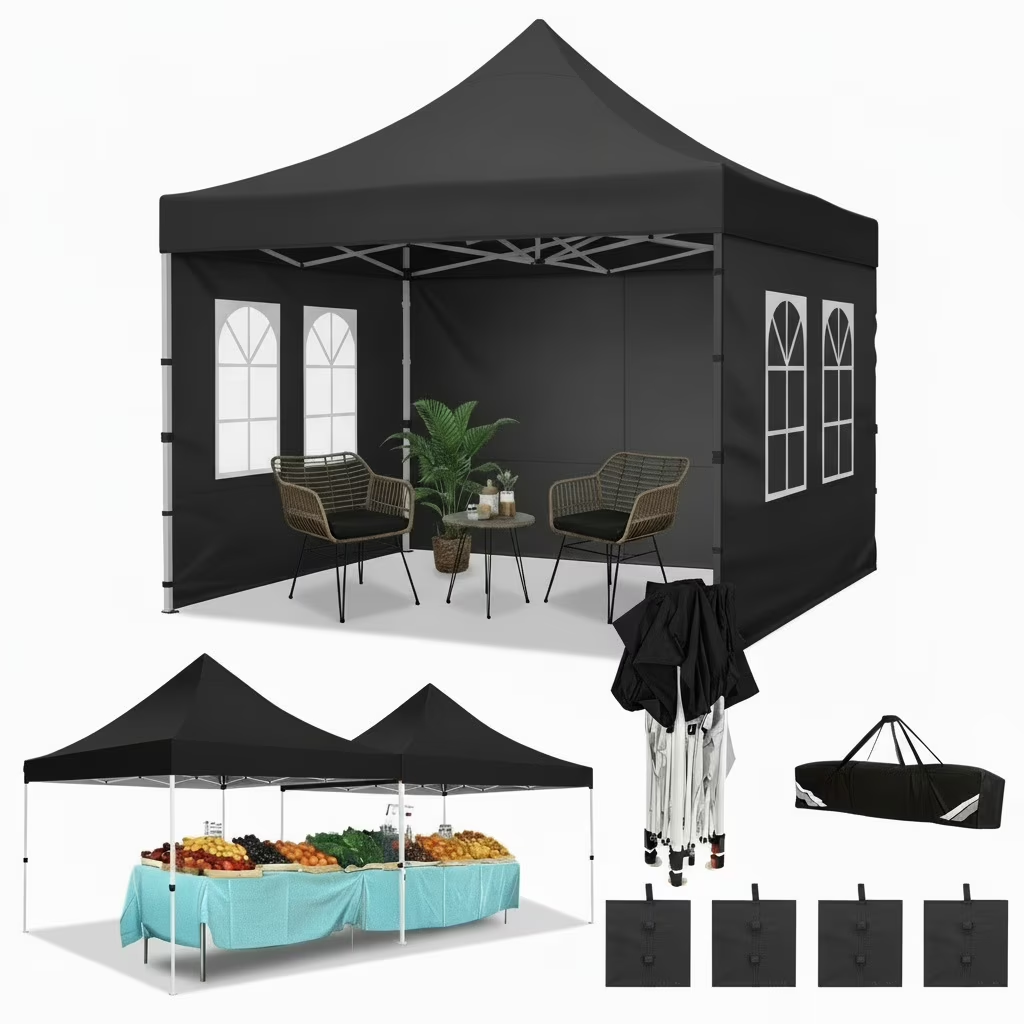 Hoteel 10x10 Pop Up Canopy Tent with 3 Sidewalls, Commercial Party Tent Ez Waterproof Outdoor Instant Gazebo UV 50+ Event Shelter, Garden Tents for Parties Camping with Sandbags & Cover Bag