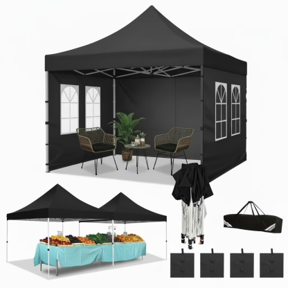 Hoteel 10x10 Pop Up Canopy Tent with 3 Sidewalls, Commercial Party Tent Ez Waterproof Outdoor Instant Gazebo UV 50+ Event Shelter, Garden Tents for Parties Camping with Sandbags & Cover Bag