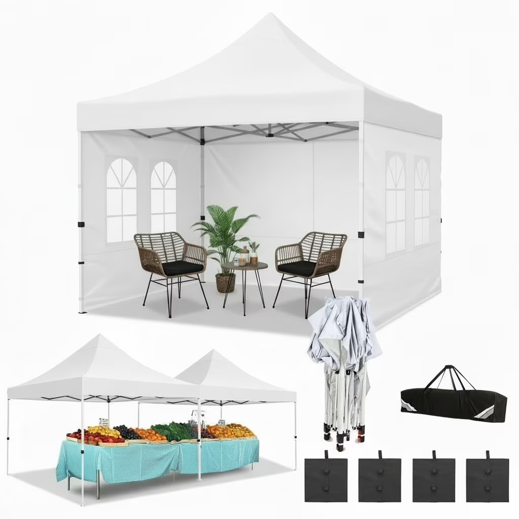 Hoteel 10x10 Pop Up Canopy Tent with 3 Sidewalls, Commercial Party Tent Ez Waterproof Outdoor Instant Gazebo UV 50+ Event Shelter, Garden Tents for Parties Camping with Sandbags & Cover Bag