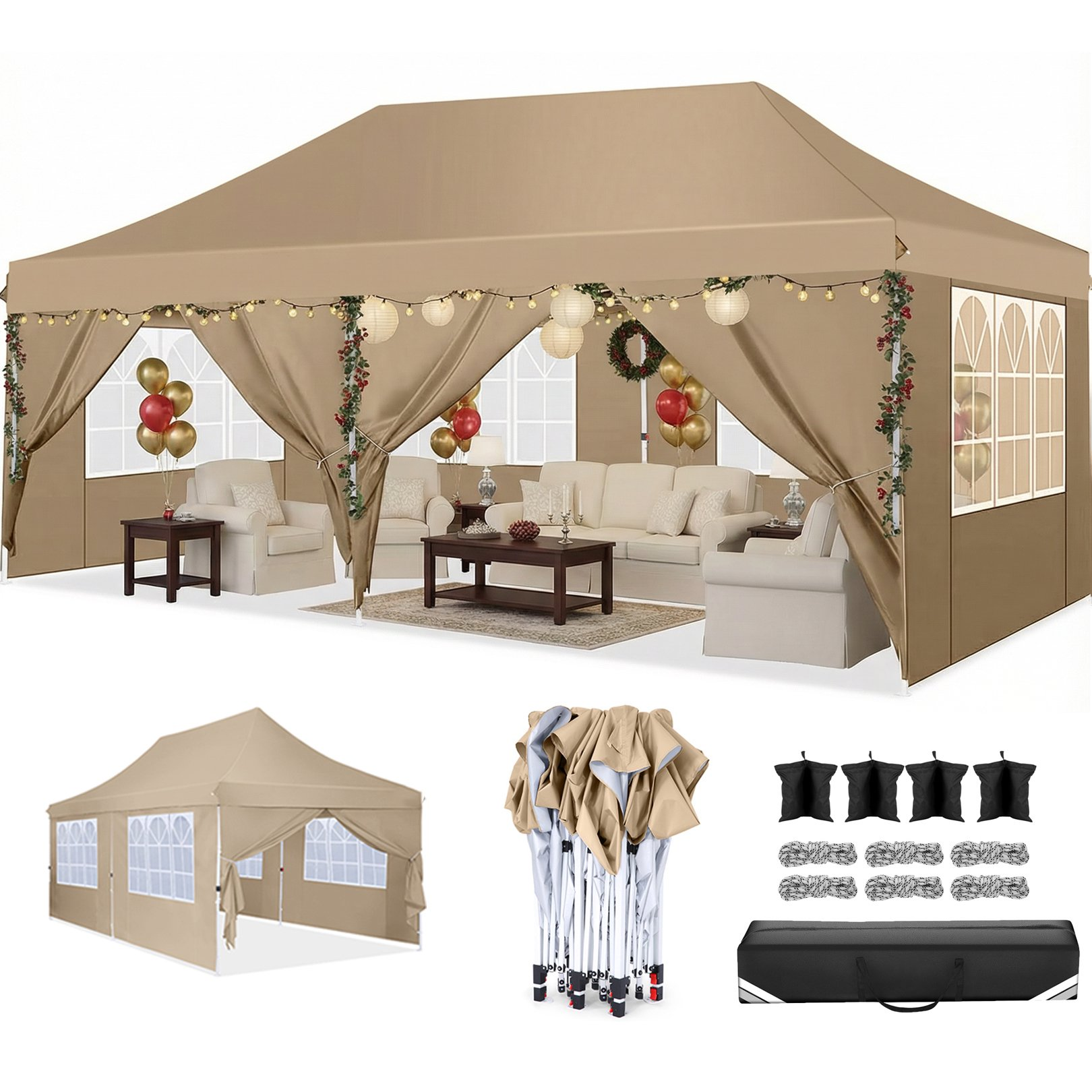 Hoteel 10x10 Pop Up Canopy Tent with 3 Sidewalls, Commercial Party Tent Ez Waterproof Outdoor Instant Gazebo UV 50+ Event Shelter, Garden Tents for Parties Camping with Sandbags & Cover Bag