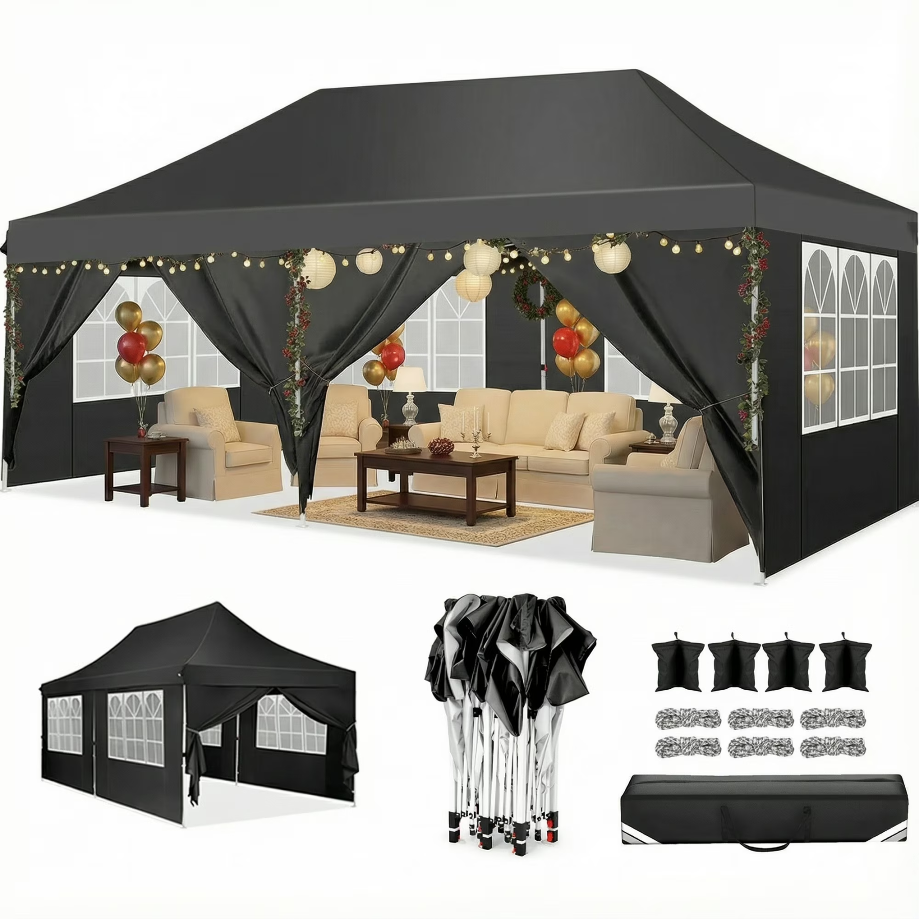 Hoteel 10x10 Pop Up Canopy Tent with 3 Sidewalls, Commercial Party Tent Ez Waterproof Outdoor Instant Gazebo UV 50+ Event Shelter, Garden Tents for Parties Camping with Sandbags & Cover Bag