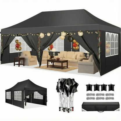 Hoteel 10x10 Pop Up Canopy Tent with 3 Sidewalls, Commercial Party Tent Ez Waterproof Outdoor Instant Gazebo UV 50+ Event Shelter, Garden Tents for Parties Camping with Sandbags & Cover Bag
