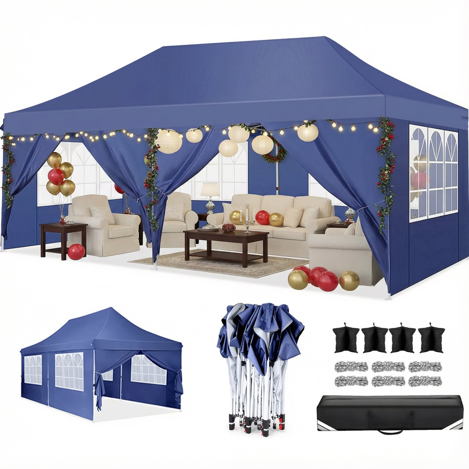 Hoteel 10x10 Pop Up Canopy Tent with 3 Sidewalls, Commercial Party Tent Ez Waterproof Outdoor Instant Gazebo UV 50+ Event Shelter, Garden Tents for Parties Camping with Sandbags & Cover Bag