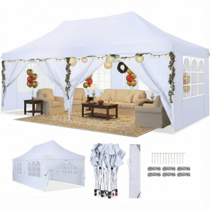 Hoteel 10x10 Pop Up Canopy Tent with 3 Sidewalls, Commercial Party Tent Ez Waterproof Outdoor Instant Gazebo UV 50+ Event Shelter, Garden Tents for Parties Camping with Sandbags & Cover Bag