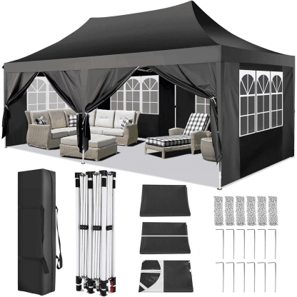 Hoteel 10x10 Pop Up Canopy Tent with 3 Sidewalls, Commercial Party Tent Ez Waterproof Outdoor Instant Gazebo UV 50+ Event Shelter, Garden Tents for Parties Camping with Sandbags & Cover Bag