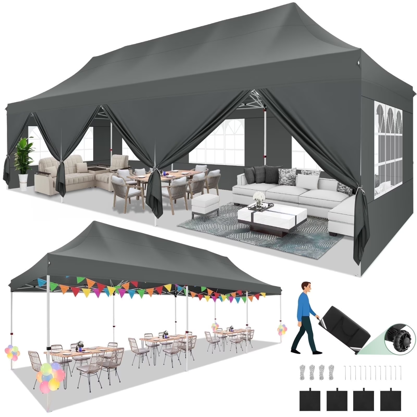 Hoteel 10x10 Pop Up Canopy Tent with 3 Sidewalls, Commercial Party Tent Ez Waterproof Outdoor Instant Gazebo UV 50+ Event Shelter, Garden Tents for Parties Camping with Sandbags & Cover Bag