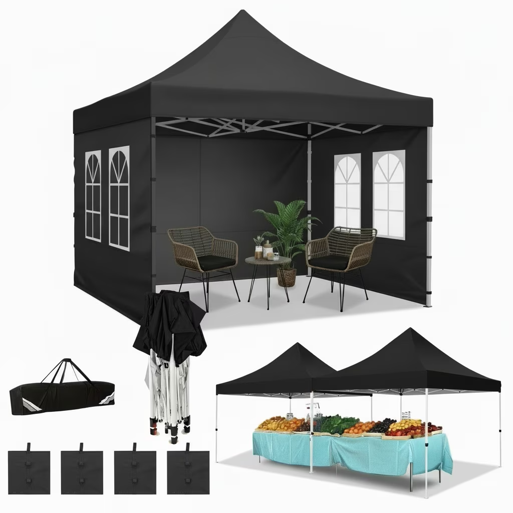 Hoteel 10x10 Pop Up Canopy Tent with 3 Sidewalls, Commercial Party Tent Ez Waterproof Outdoor Instant Gazebo UV 50+ Event Shelter, Garden Tents for Parties Camping with Sandbags & Cover Bag
