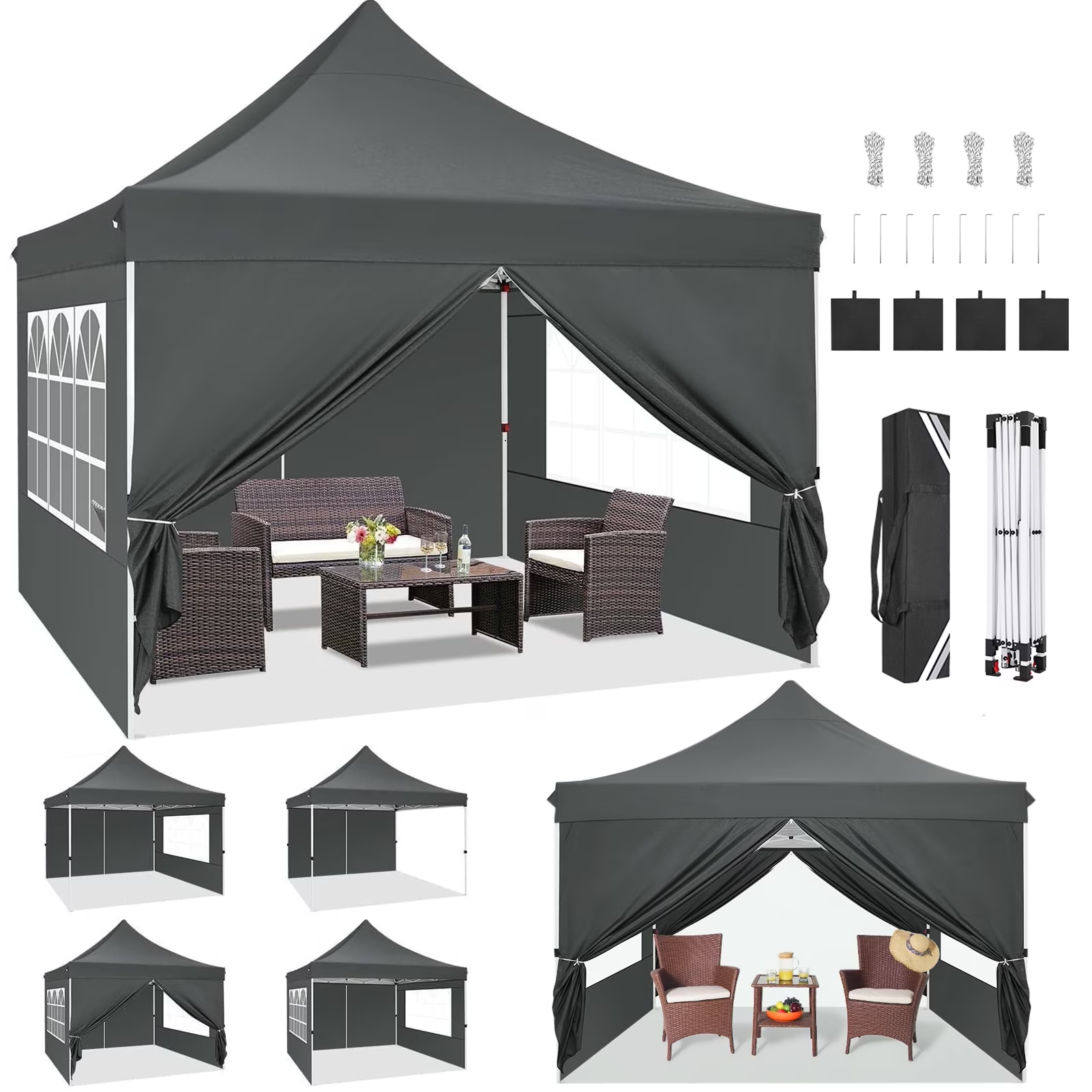 Hoteel 10x10 Pop Up Canopy Tent with 3 Sidewalls, Commercial Party Tent Ez Waterproof Outdoor Instant Gazebo UV 50+ Event Shelter, Garden Tents for Parties Camping with Sandbags & Cover Bag