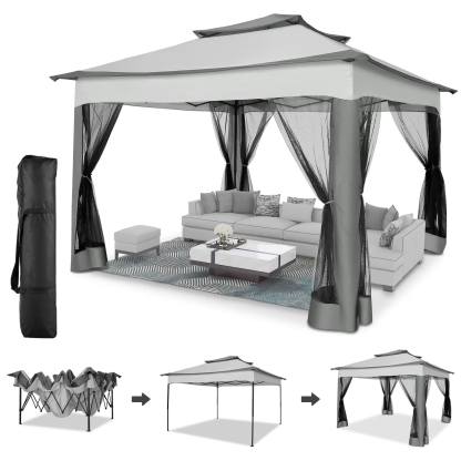 HOTEEL Outdoor Pop-up Gazebo Canopy with Mosquito Netting 2-Tiered Vented Top 3 Adjustable Height for Backyard, Garden, Lawn, Khaki