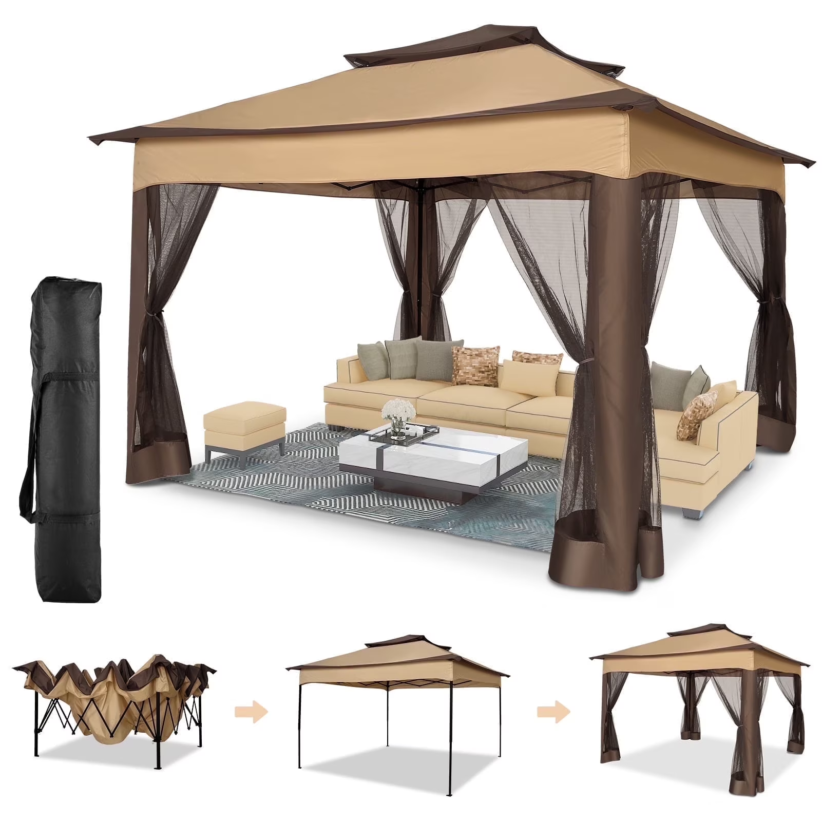HOTEEL Outdoor Pop-up Gazebo Canopy with Mosquito Netting 2-Tiered Vented Top 3 Adjustable Height for Backyard, Garden, Lawn, Khaki