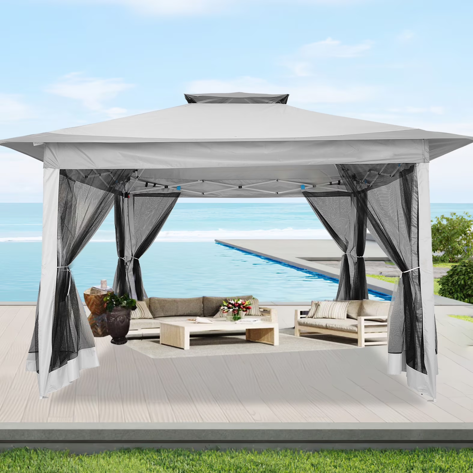 HOTEEL 12'x12' Pop Up Gazebo Patio Outdoor Canopy Tent with 8 Mosquito Nettings, Adjustable Height and 144 Square ft of Shade for Garden, Party, Backyard with Vented Top, Khaki