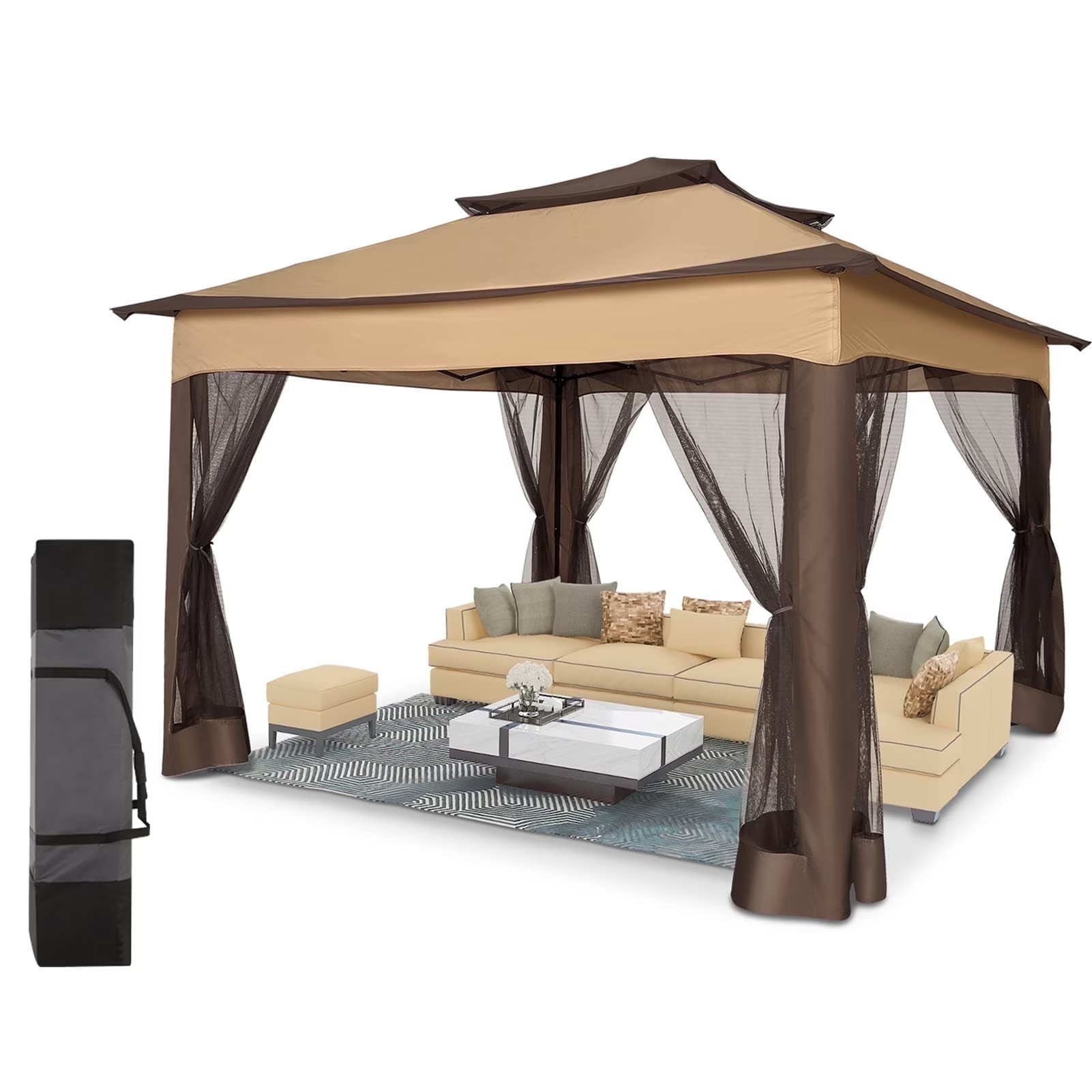 HOTEEL 12'x12' Pop Up Gazebo Patio Outdoor Canopy Tent with 8 Mosquito Nettings, Adjustable Height and 144 Square ft of Shade for Garden, Party, Backyard with Vented Top, Khaki