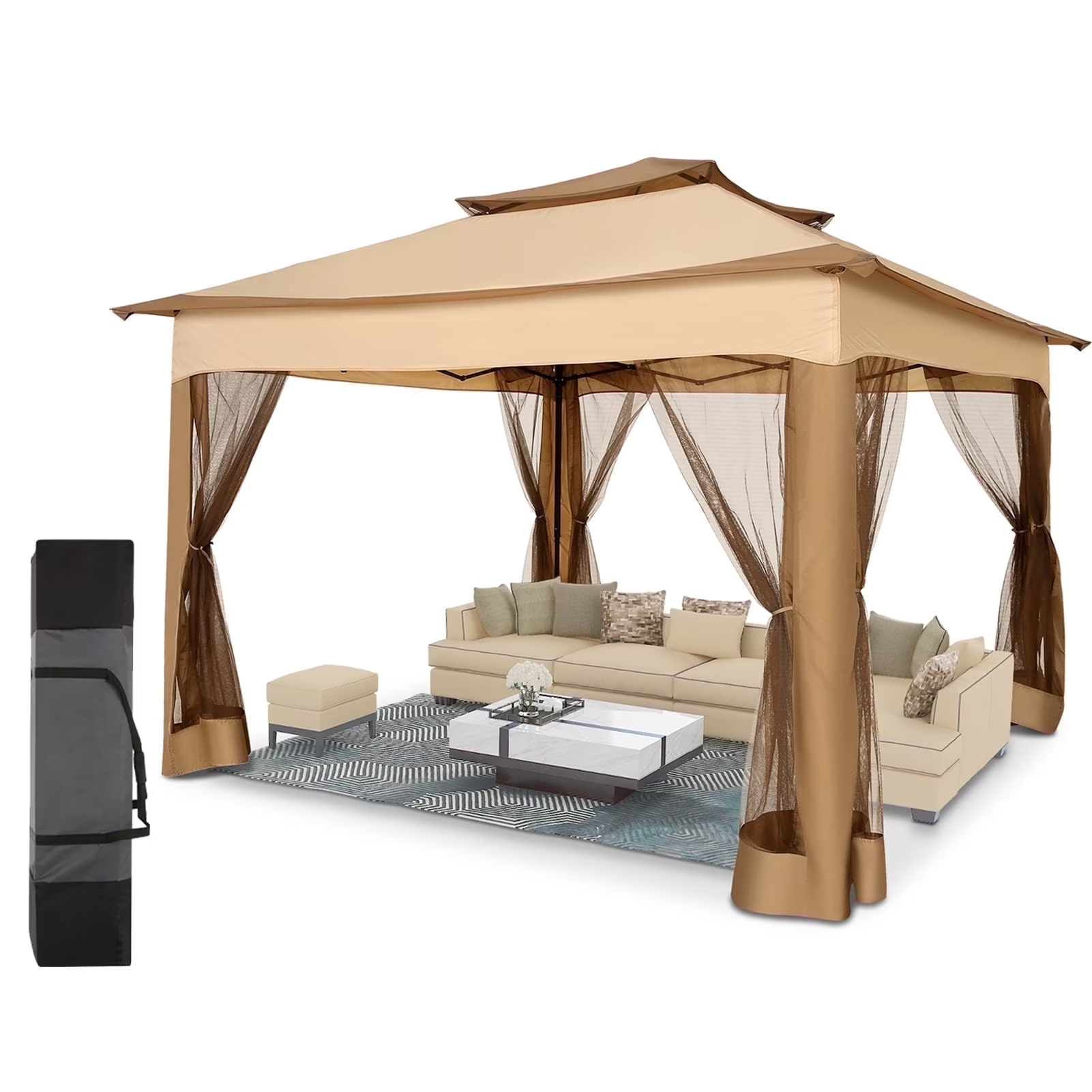 HOTEEL 12'x12' Pop Up Gazebo Patio Outdoor Canopy Tent with 8 Mosquito Nettings, Adjustable Height and 144 Square ft of Shade for Garden, Party, Backyard with Vented Top, Khaki