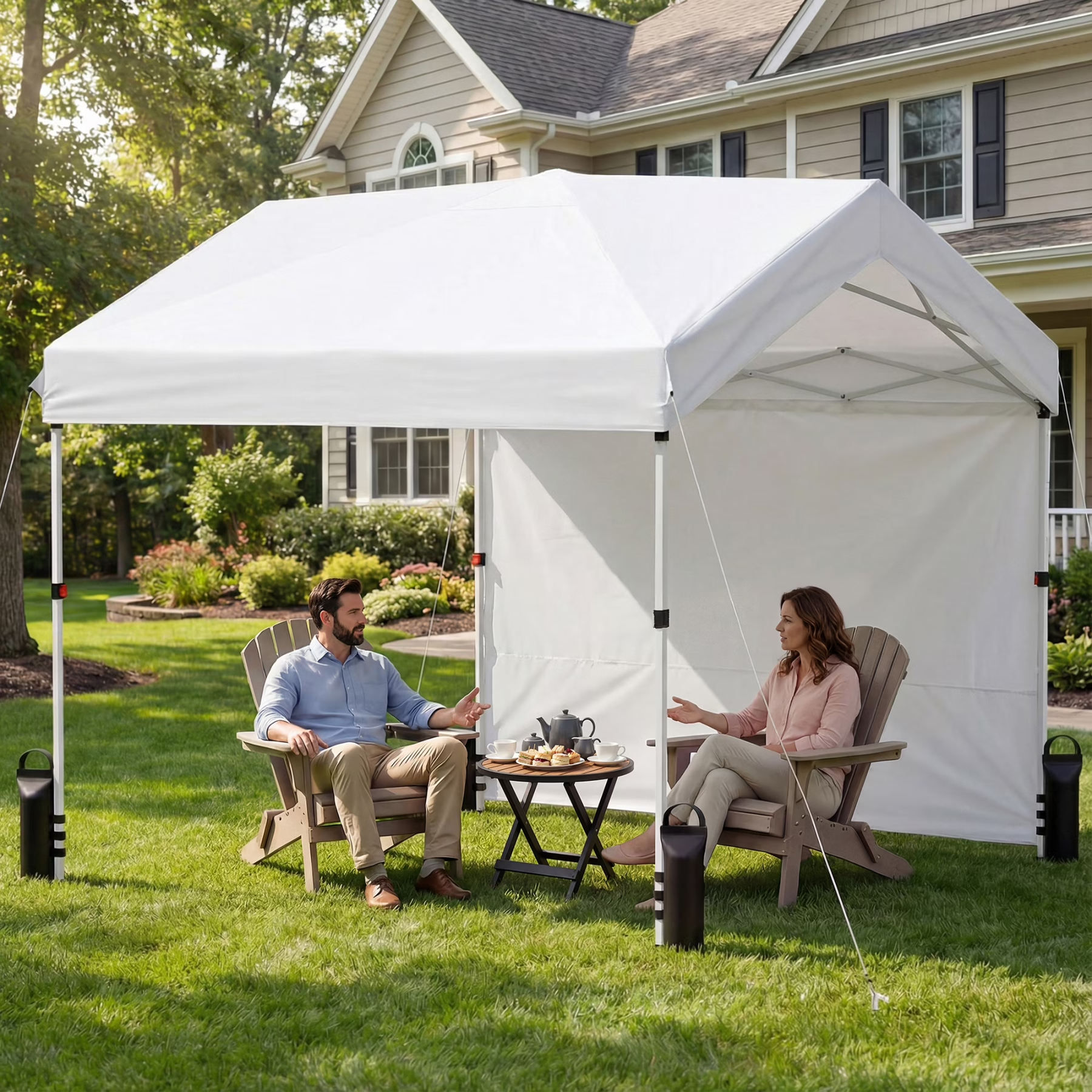Hoteel 10x10 Canopy Tent with 1 Sidewall, 3 Adjustable Height Portable Garage, Instant Outdoor Carports with 8 Stakes, 4 Sandbags & Ropes for Motorcycle, Garden Tool, Commercial