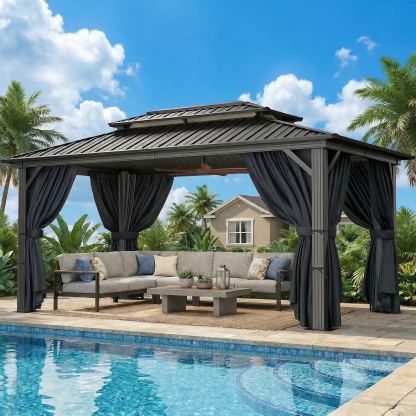 HOTEEL  Hardtop Gazebo Heavy Duty Outdoor Gazebo with Galvanized Steel Double Roof, Flame-Retardant Curtains and Netting, Permanent Gazebo for Patio, Lawn and Backyard