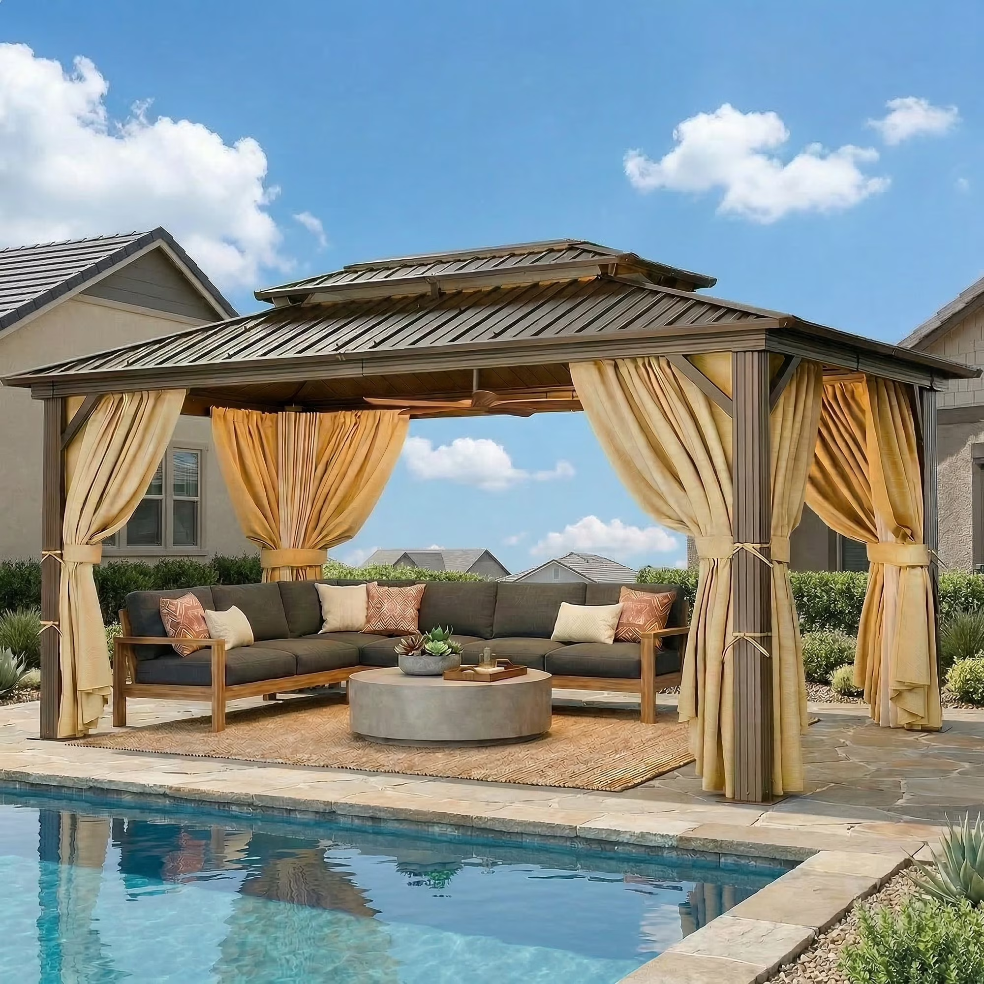 HOTEEL  Hardtop Gazebo Heavy Duty Outdoor Gazebo with Galvanized Steel Double Roof, Flame-Retardant Curtains and Netting, Permanent Gazebo for Patio, Lawn and Backyard