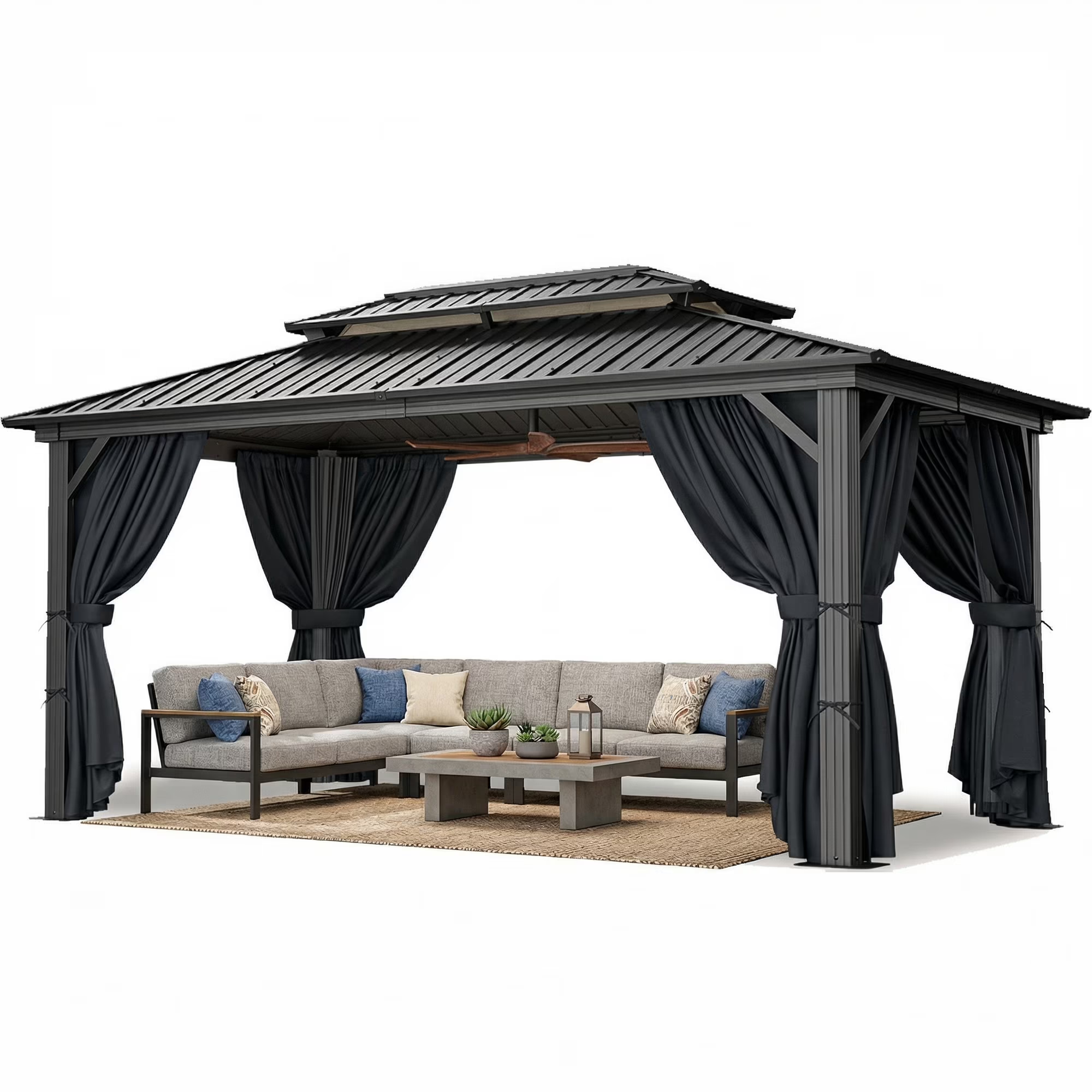 HOTEEL Hardtop Gazebo, Outdoor Steel Double Galvanized Roof Canopy, Aluminum Frame Permanent Pavilion Metal Gazebo with Curtains and Netting, Sunshade for Patios, Gardens, Lawns