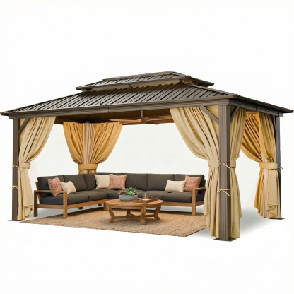 HOTEEL Hardtop Gazebo, Outdoor Steel Double Galvanized Roof Canopy, Aluminum Frame Permanent Pavilion Metal Gazebo with Curtains and Netting, Sunshade for Patios, Gardens, Lawns