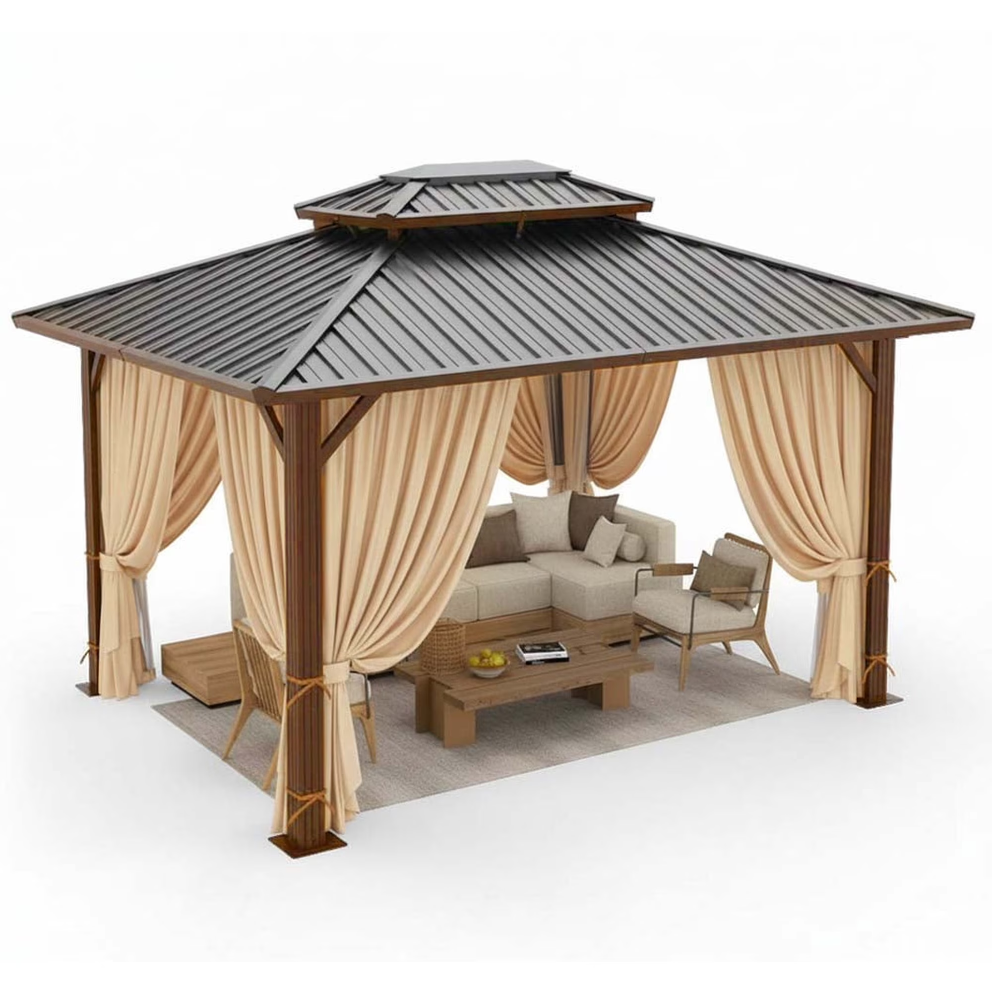 HOTEEL Hardtop Gazebo, Outdoor Steel Double Galvanized Roof Canopy, Aluminum Frame Permanent Pavilion Metal Gazebo with Curtains and Netting, Sunshade for Patios, Gardens, Lawns