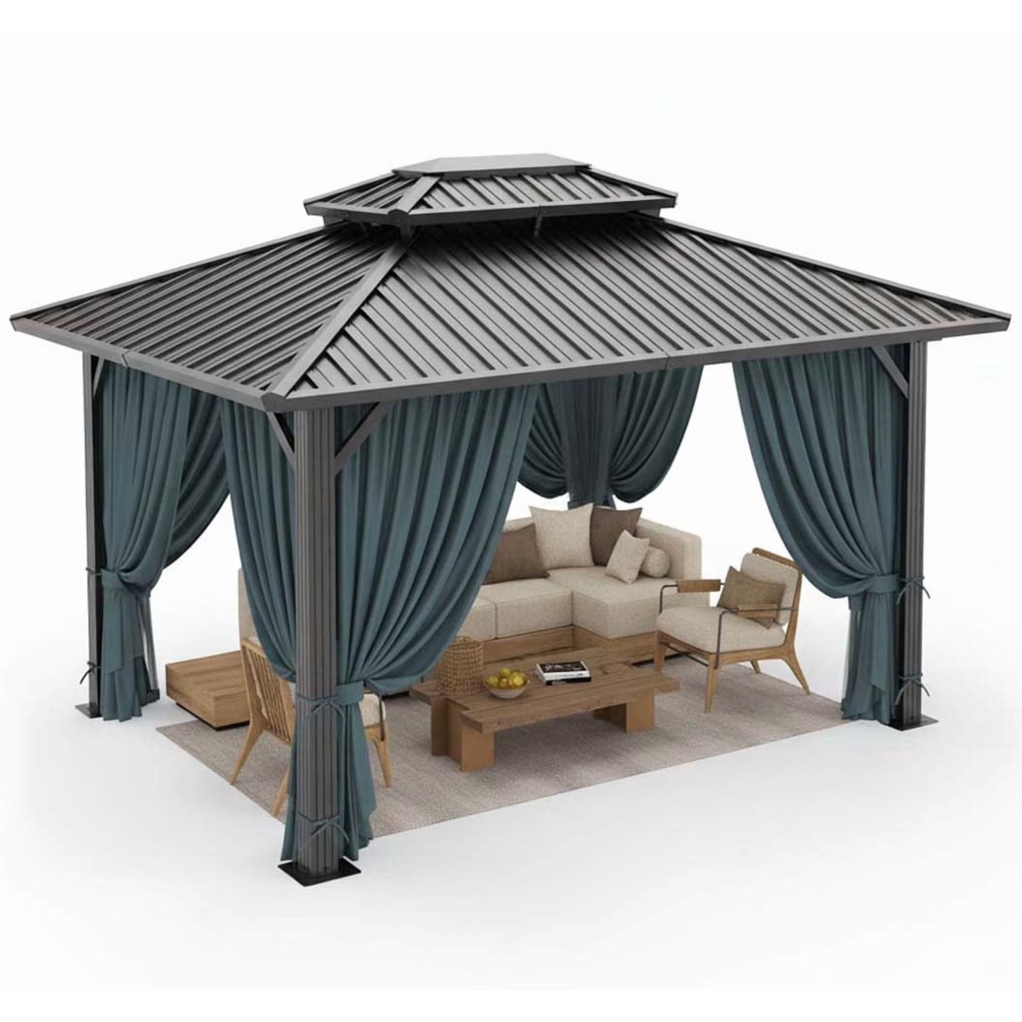 HOTEEL Hardtop Gazebo, Outdoor Steel Double Galvanized Roof Canopy, Aluminum Frame Permanent Pavilion Metal Gazebo with Curtains and Netting, Sunshade for Patios, Gardens, Lawns