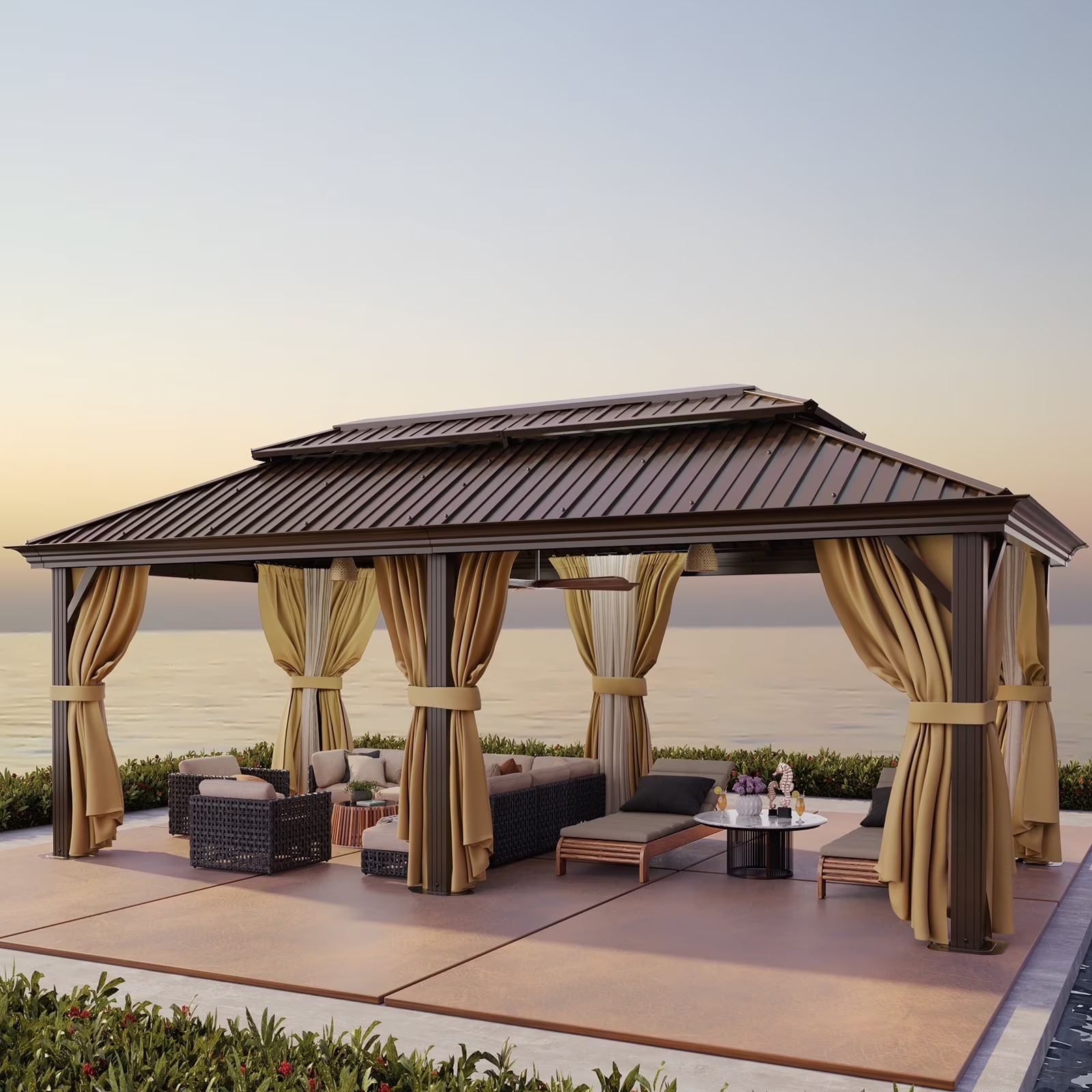 HOTEEL 12x20 Hardtop Gazebo with Metal Roof & Drainage System, Heavy Duty Galvanized Steel Gazebo with Reinforced Aluminum Frame, Privacy Curtains and Netting, for All-Weather