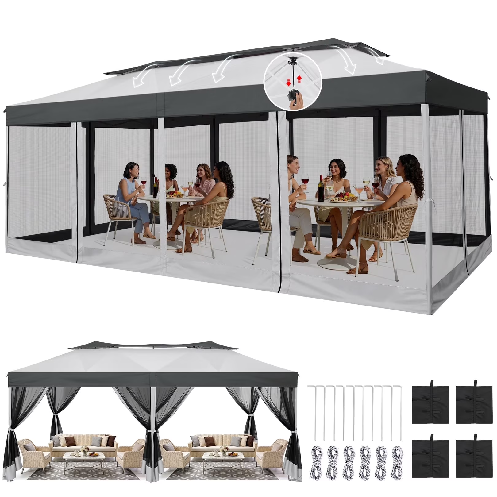 HOTEEL 10x20 Pop up Canopy Tents with 8 Removeble Sidewalls,Outdoor Gazebo with Wheeled Bag & Sandbags,for Patio,Wedding,Backyard,Camping,Parties,Event