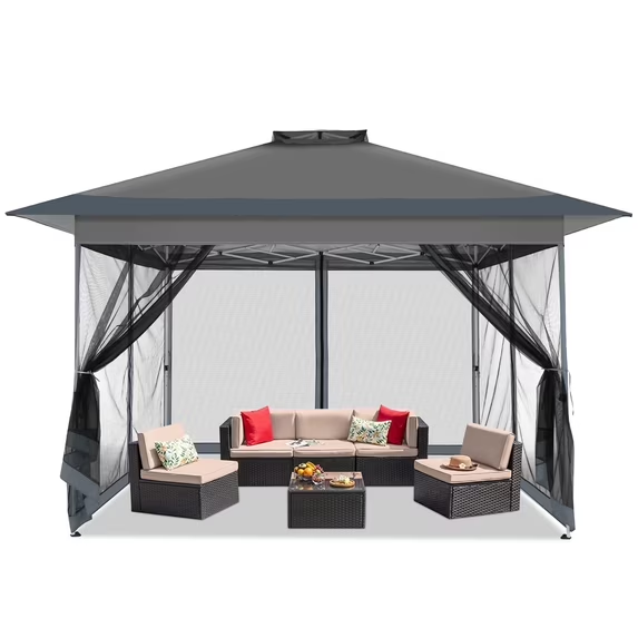 HOTEEL Pop Up Gazebo, Outdoor Patio Gazebo with Double Tier Vented Roof & Mosquito Netting, 3 Adjustable Heights Instant Canopy Tent for Backyard, Garden, Party and BBQ