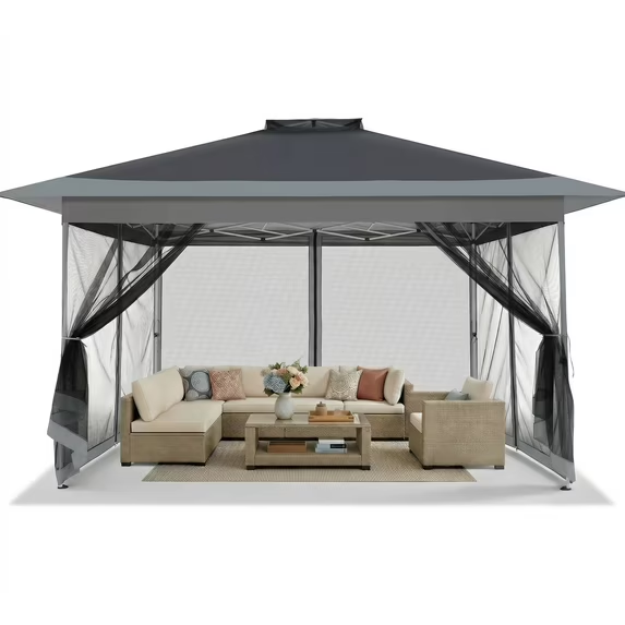 HOTEEL Pop Up Gazebo, Outdoor Patio Gazebo with Double Tier Vented Roof & Mosquito Netting, 3 Adjustable Heights Instant Canopy Tent for Backyard, Garden, Party and BBQ