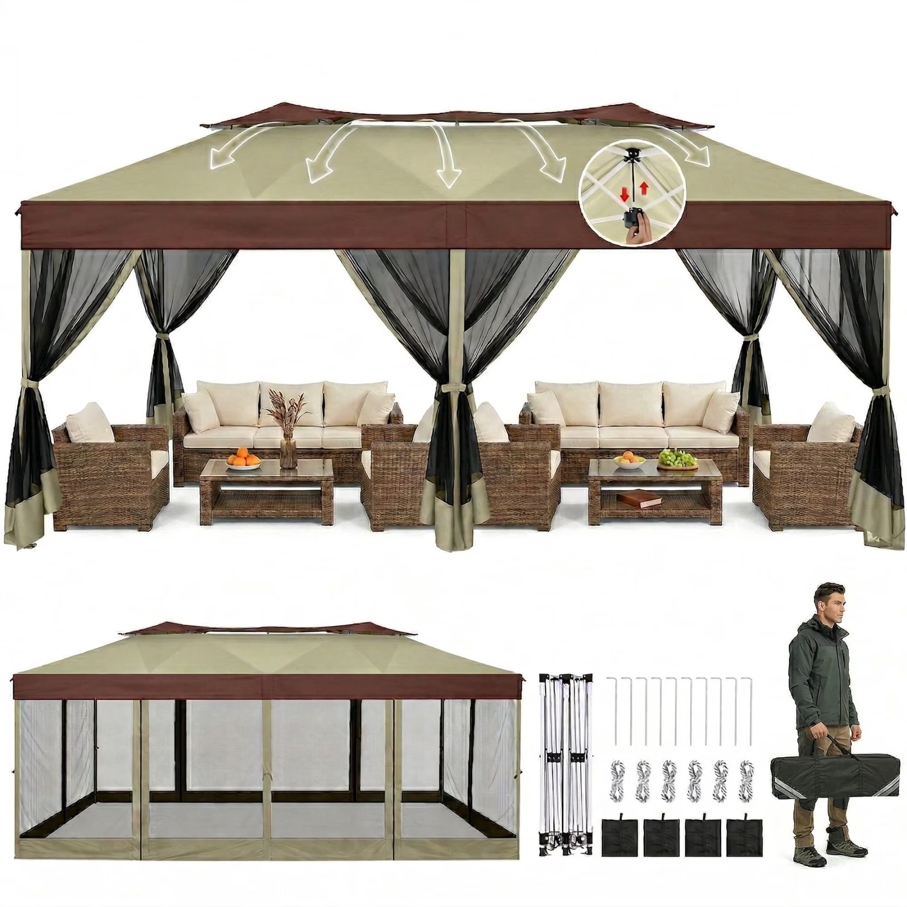 HOTEEL 10x20 Gazebo Canopy Tent with 6 Netting Sidewalls,Pop up Canopy for Parties Wedding,Commercial Easy up Gazebo with Sandbags,UV 50+