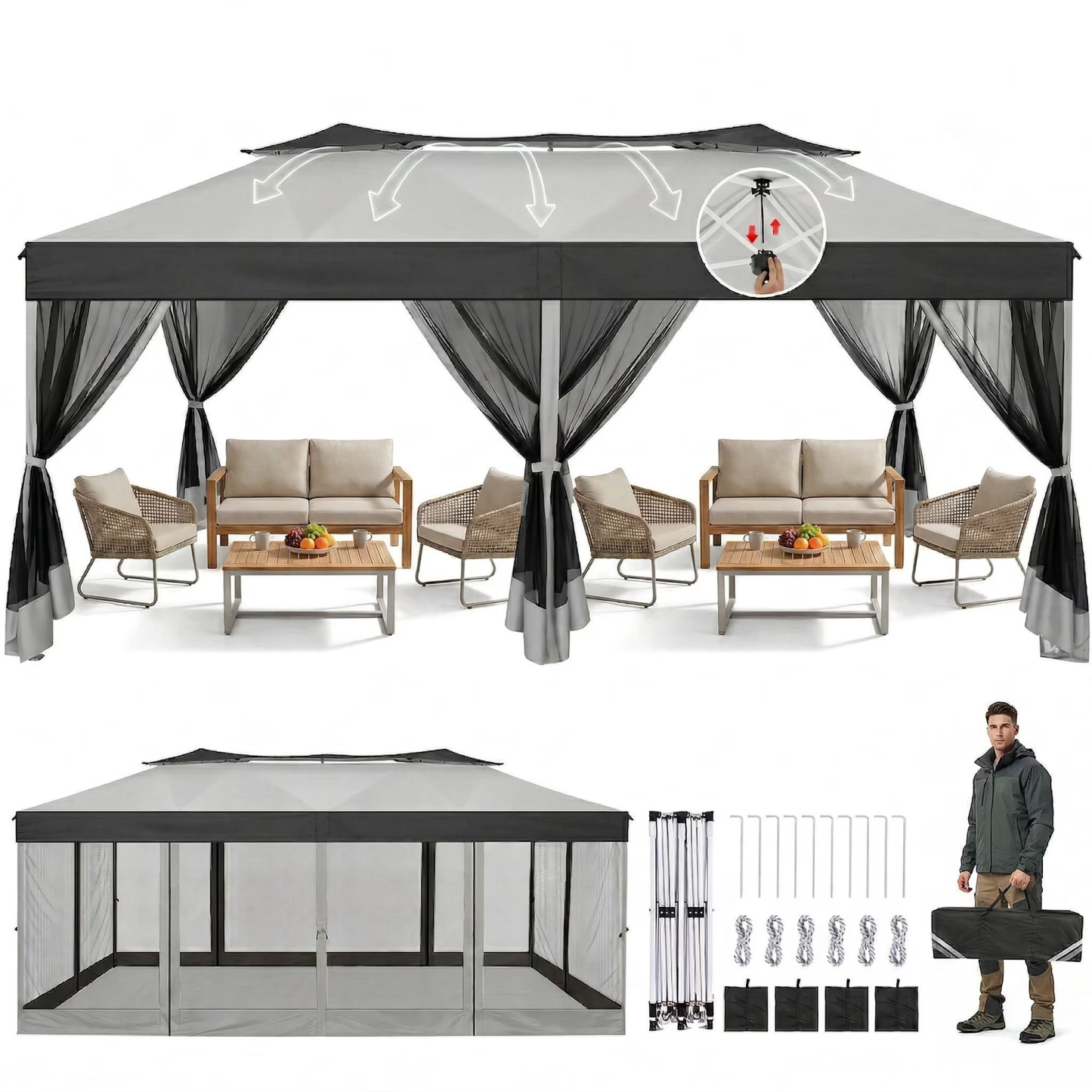 HOTEEL 10x20 Gazebo Canopy Tent with 6 Netting Sidewalls,Pop up Canopy for Parties Wedding,Commercial Easy up Gazebo with Sandbags,UV 50+