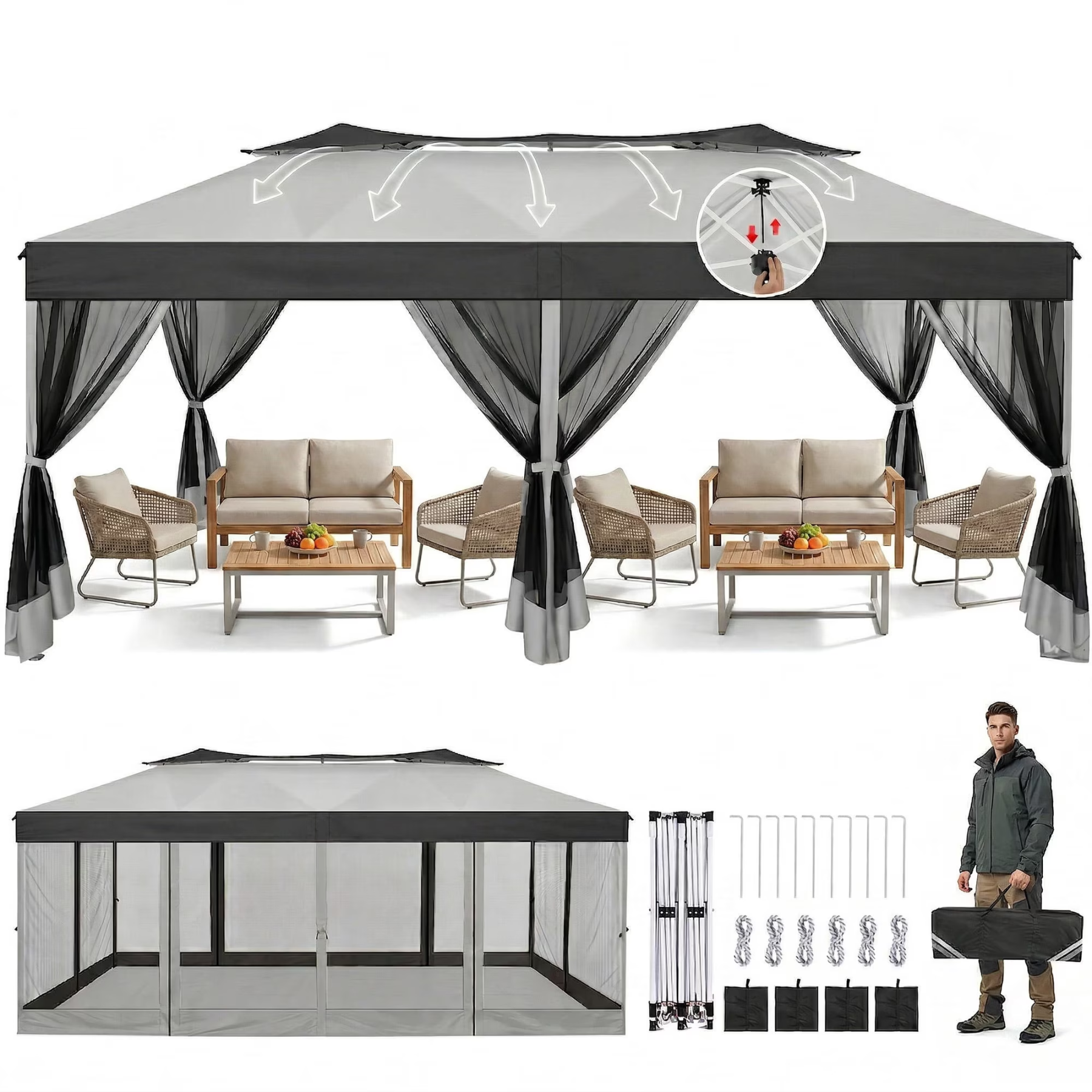 HOTEEL 10x20 Gazebo Canopy Tent with 6 Netting Sidewalls,Pop up Canopy for Parties Wedding,Commercial Easy up Gazebo with Sandbags,UV 50+