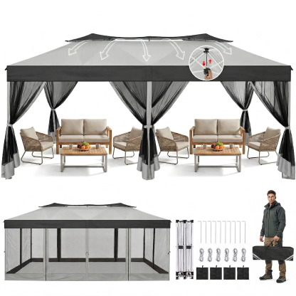 HOTEEL 10x20 Gazebo Canopy Tent with 6 Netting Sidewalls,Pop up Canopy for Parties Wedding,Commercial Easy up Gazebo with Sandbags,UV 50+