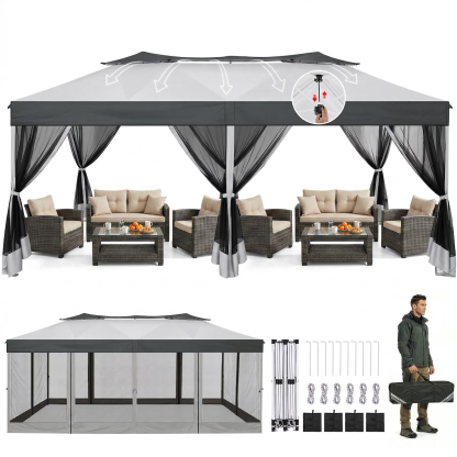 HOTEEL 10x20 Gazebo Canopy Tent with 6 Netting Sidewalls,Pop up Canopy for Parties Wedding,Commercial Easy up Gazebo with Sandbags,UV 50+