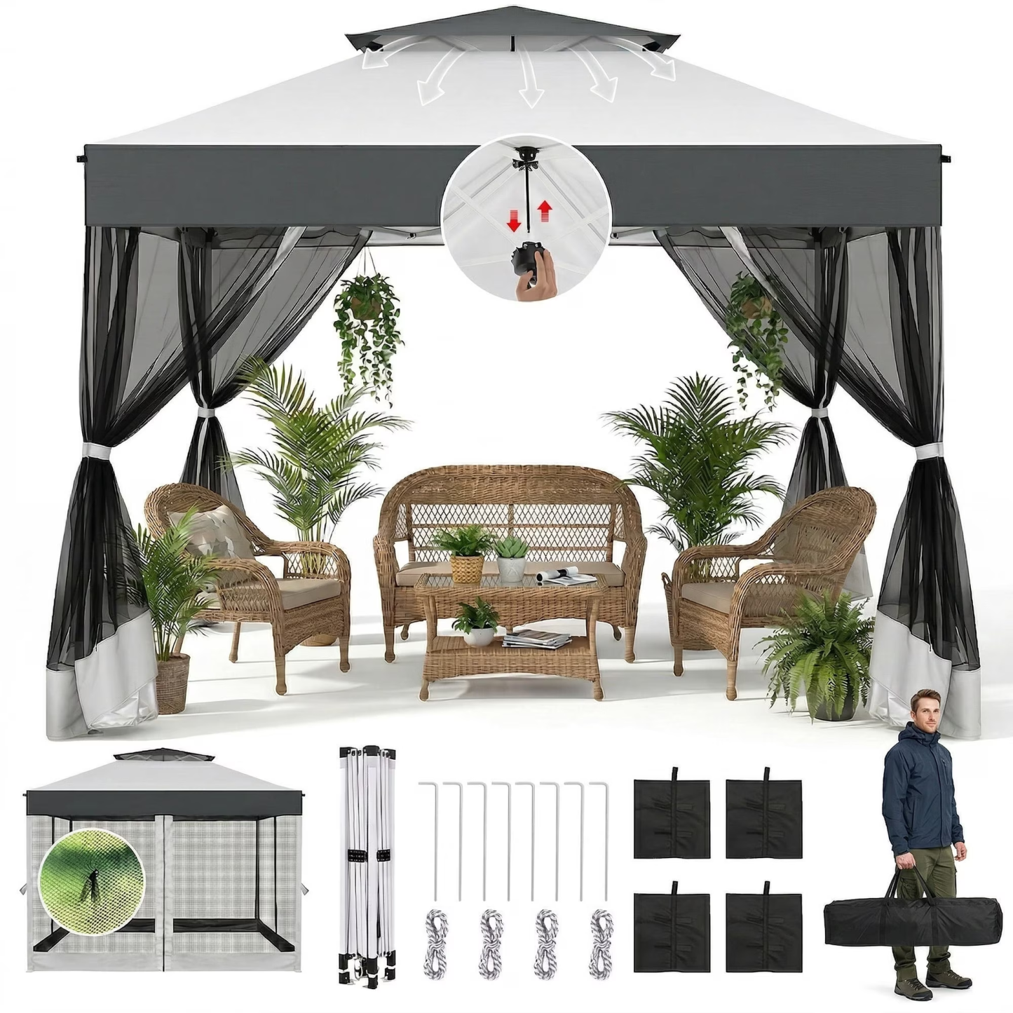 HOTEEL 10x20 Gazebo Canopy Tent with 6 Netting Sidewalls,Pop up Canopy for Parties Wedding,Commercial Easy up Gazebo with Sandbags,UV 50+