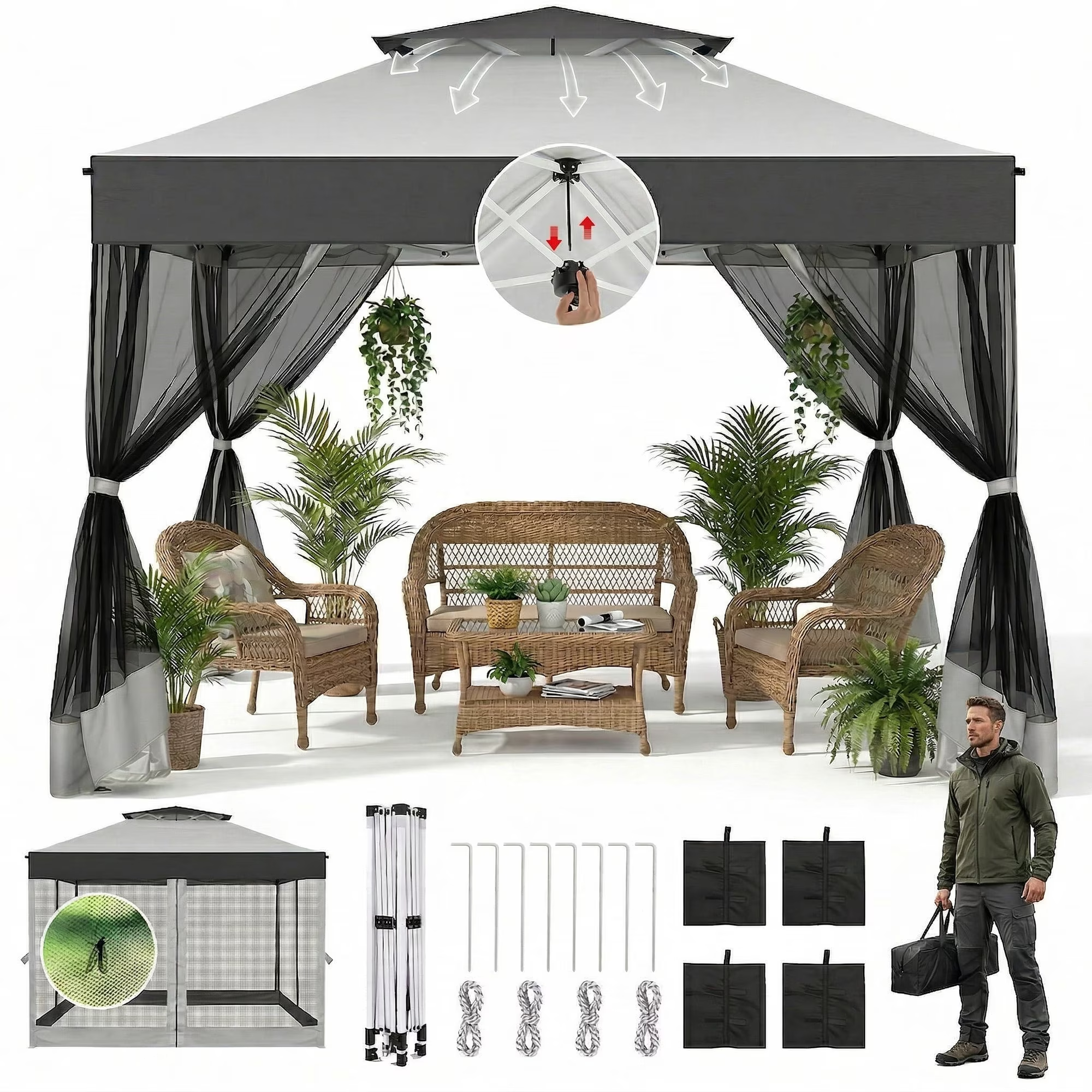 HOTEEL 10x20 Gazebo Canopy Tent with 6 Netting Sidewalls,Pop up Canopy for Parties Wedding,Commercial Easy up Gazebo with Sandbags,UV 50+
