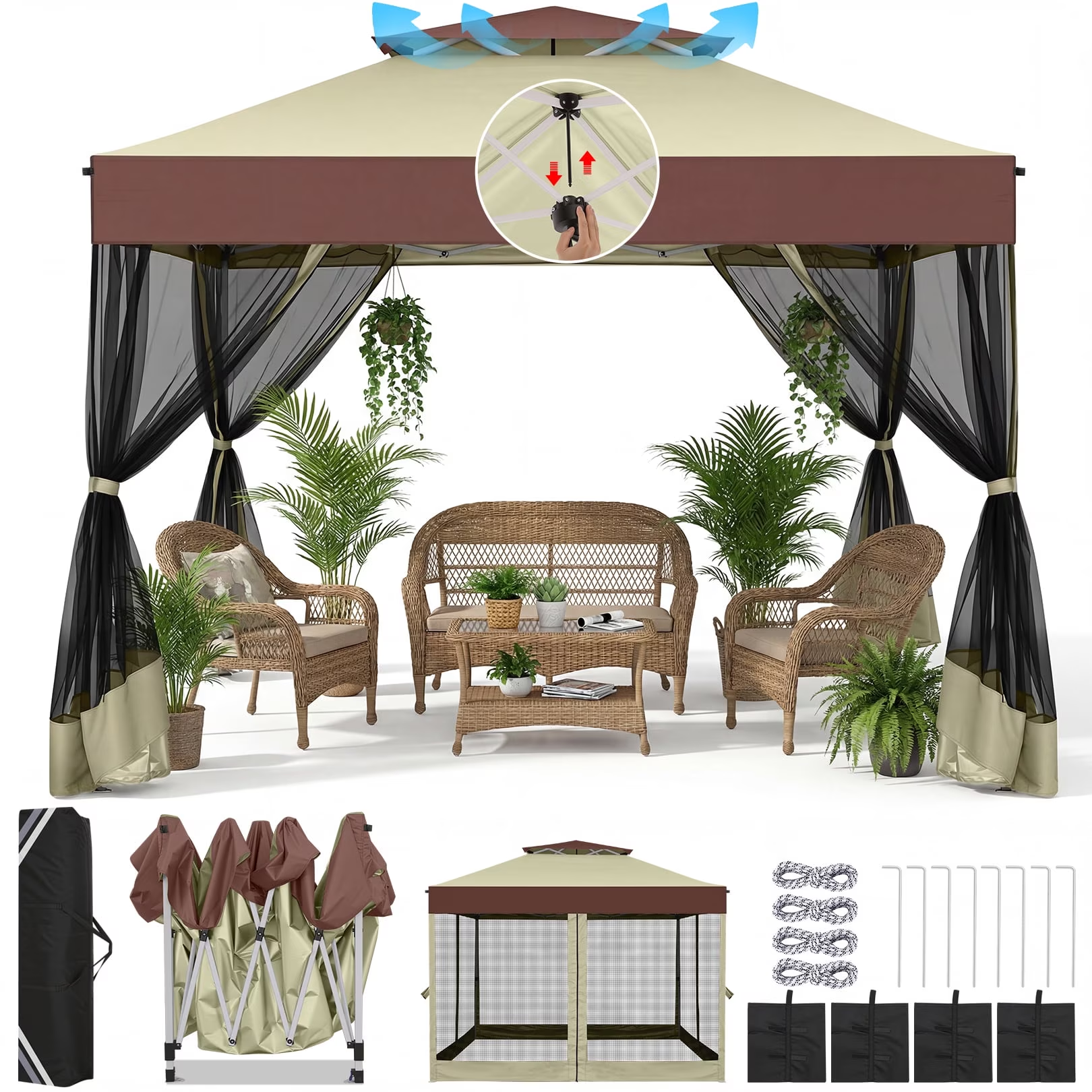 HOTEEL 10x20 Gazebo Canopy Tent with 6 Netting Sidewalls,Pop up Canopy for Parties Wedding,Commercial Easy up Gazebo with Sandbags,UV 50+