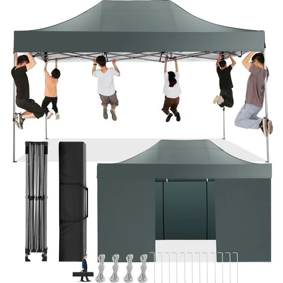 SANOPY 10x15 FT Pop Up Canopy with 4 Sidewall,Heavy Duty Canopy UPF 50+ All Season Wind Waterproof Commercial Outdoor Wedding Party Tents for Parties Canopy Gazebo with Carry Bag(Gray)