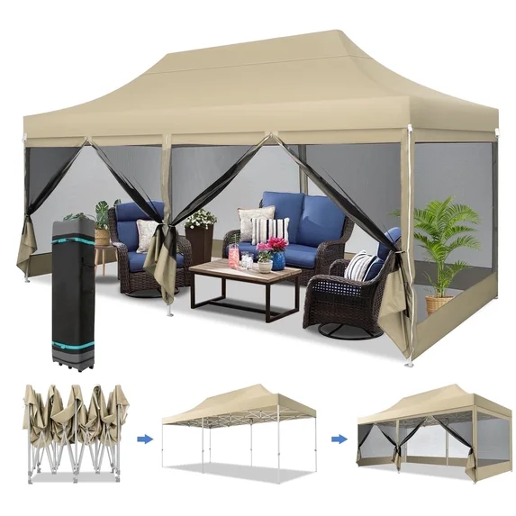 SANOPY 10' x 20' Gazebo Tent EZ Pop up Canopy Party Outdoor Instant Gazebo Shelter with 6 Removable Mosquito Side Walls & Carry Bag for Camping Wedding Picnic, Gray