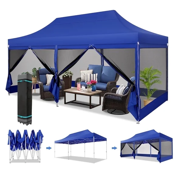 SANOPY 10' x 20' Gazebo Tent EZ Pop up Canopy Party Outdoor Instant Gazebo Shelter with 6 Removable Mosquito Side Walls & Carry Bag for Camping Wedding Picnic, Gray