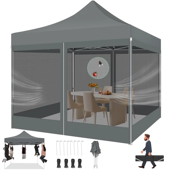 SANOPY 10' x 10' Pop Up Canopy with 4 Removable Mesh Mosquito Proof Canopies, Outdoor Heavy Duty Tent, Party Instant Commercial Gazebo with 4 Wind Cords and 8 Ground Spikes, Carrying Bag