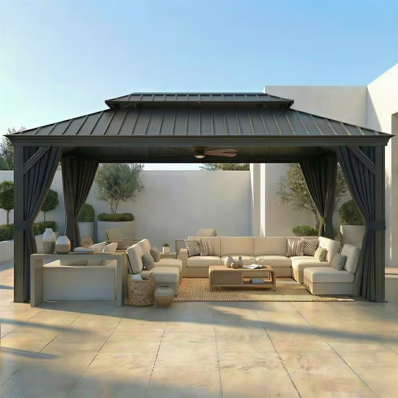 HOTEEL 12x20 Hardtop Gazebo with Metal Roof & Drainage System, Heavy Duty Galvanized Steel Gazebo with Reinforced Aluminum Frame, Privacy Curtains and Netting, for All-Weather