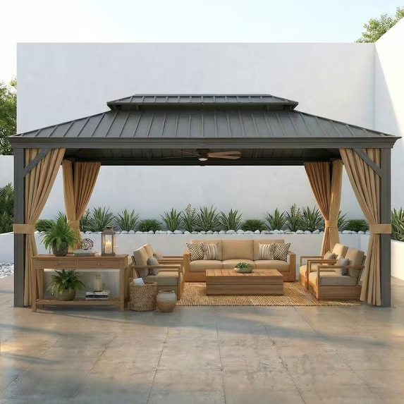 HOTEEL 12x20 Hardtop Gazebo with Metal Roof & Drainage System, Heavy Duty Galvanized Steel Gazebo with Reinforced Aluminum Frame, Privacy Curtains and Netting, for All-Weather