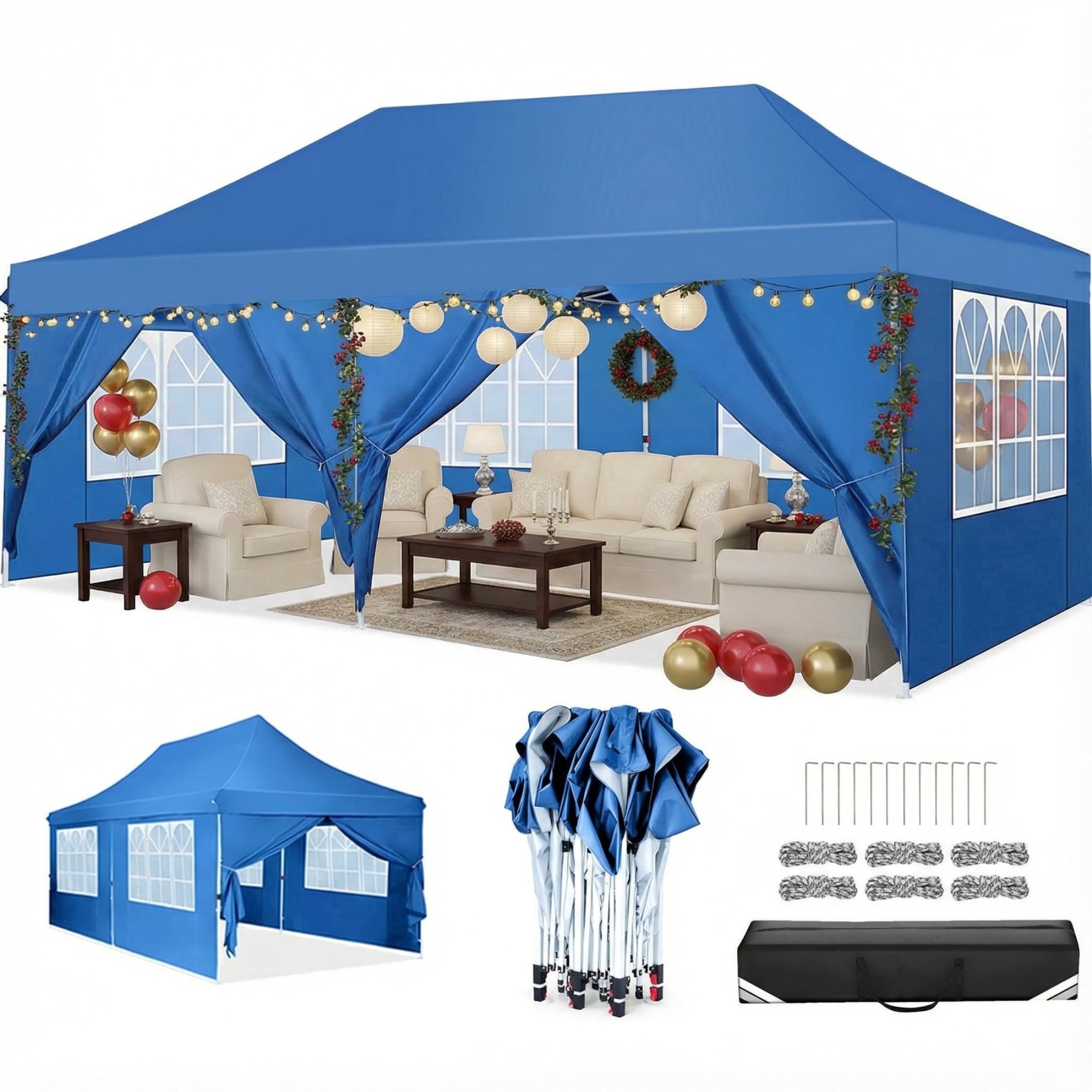 Hoteel Party Tent 10x30 Canopy Tents for Parties with 4 Removable Sidewalls, Patio Camping Gazebo, Portable Tent for Parties, Weddings, BBQ, Waterproof, White