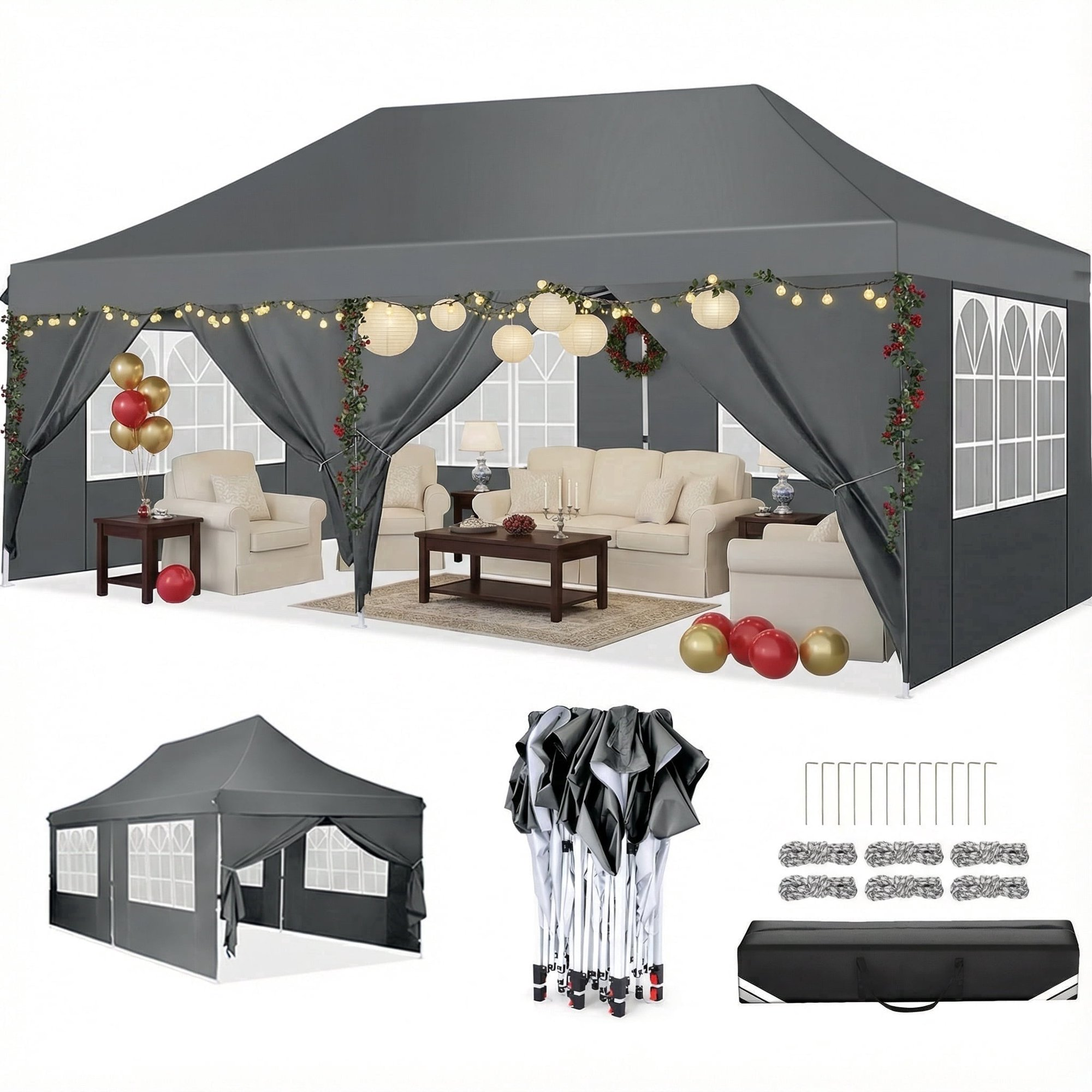 Hoteel Party Tent 10x30 Canopy Tents for Parties with 4 Removable Sidewalls, Patio Camping Gazebo, Portable Tent for Parties, Weddings, BBQ, Waterproof, White