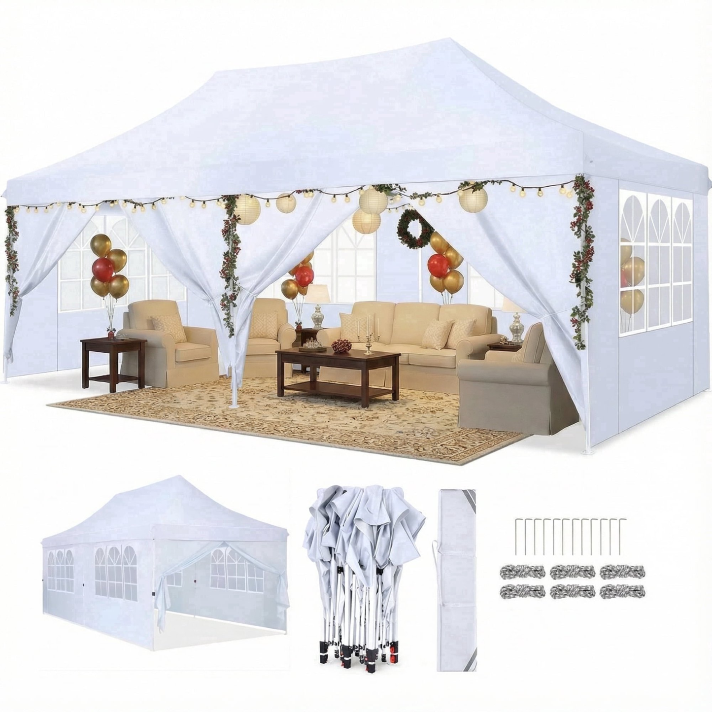 Hoteel Party Tent 10x30 Canopy Tents for Parties with 4 Removable Sidewalls, Patio Camping Gazebo, Portable Tent for Parties, Weddings, BBQ, Waterproof, White