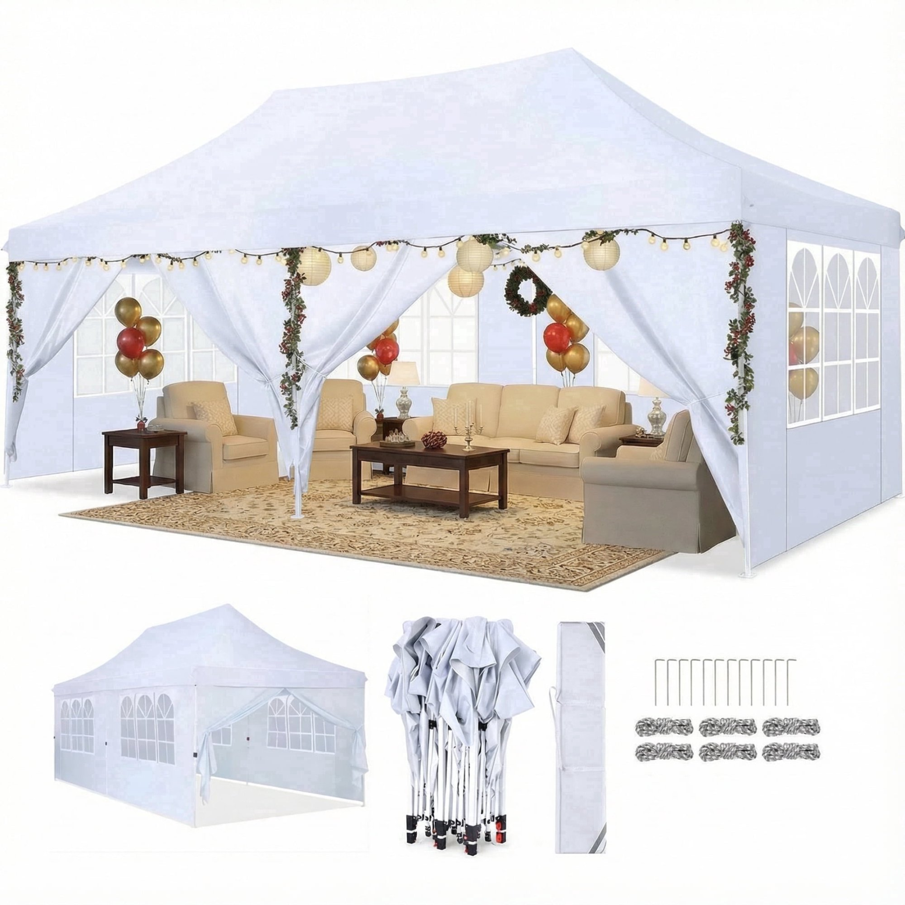 Hoteel Party Tent 10x30 Canopy Tents for Parties with 4 Removable Sidewalls, Patio Camping Gazebo, Portable Tent for Parties, Weddings, BBQ, Waterproof, White