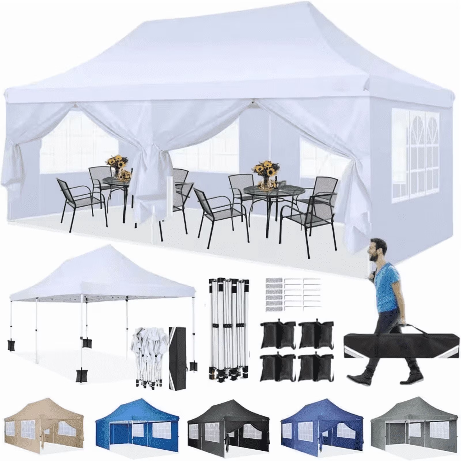 Hoteel 10'x20' Pop up Canopy with 6 Removable Sidewalls, Outdoor Canopy Tents for Parties Wedding, High Stability, Instant Sun Protection Shelter with Upgrade Raised Roof and Carry Bag,